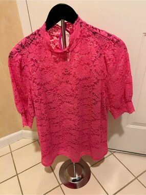 Women's Hot Pink Lace Short Sleeve Mock Neck Blouse